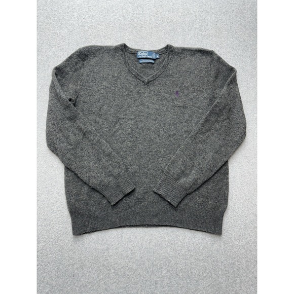 Polo Ralph Lauren Lambswool Sweater Mens M‎ Gray V Neck Purple Pony Logo Italian